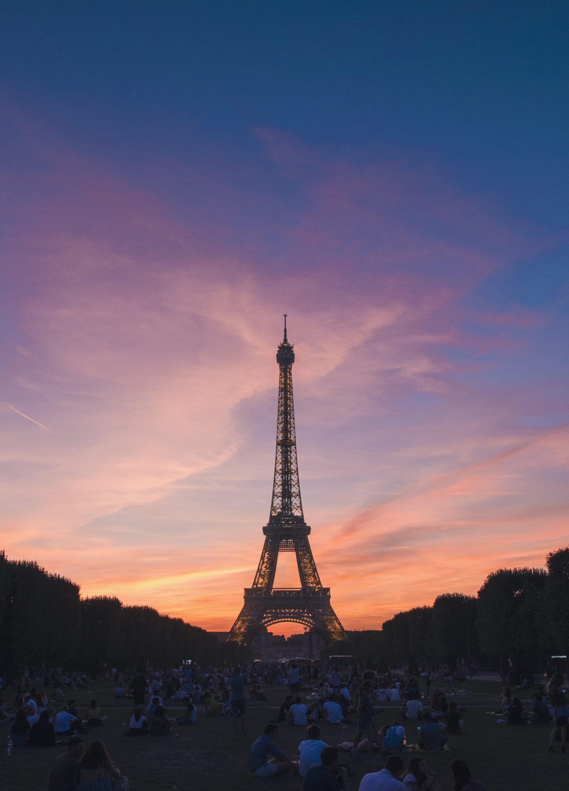 Silhouette of an Eiffel Tower in Paris, France with beautiful scenery of sunset in the background